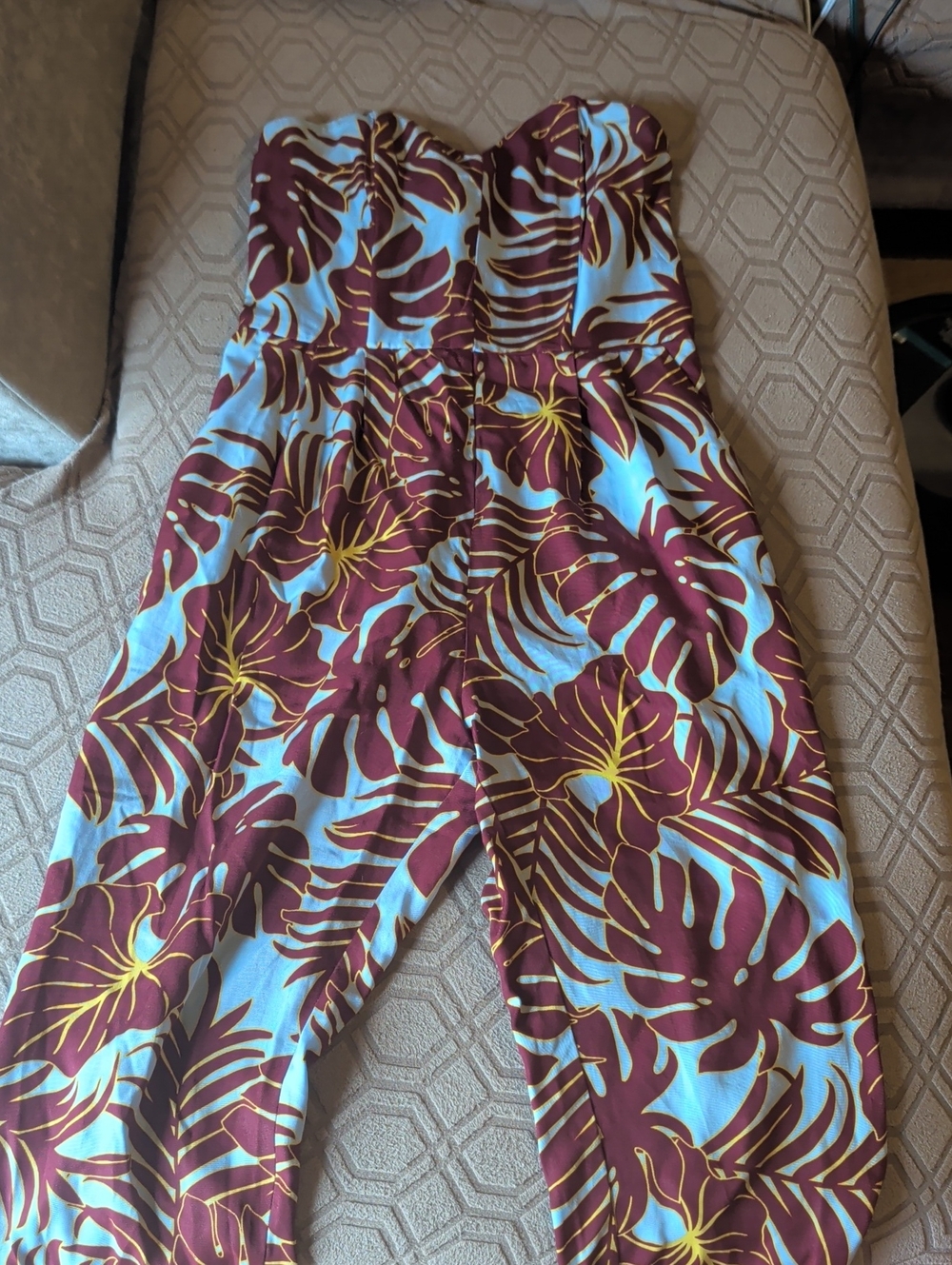 H&M Strapless Tropical Print Jumpsuit in Light Blue & Burgundy
